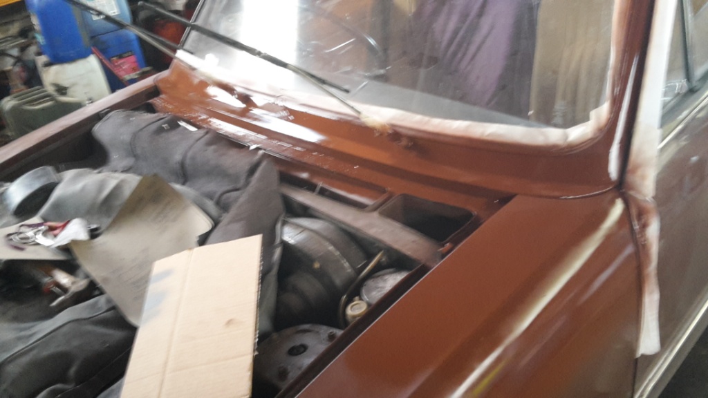 Painted russet brown. When it gets dirty and fades it will match the rest of the car